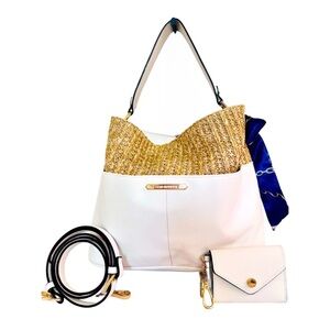 STEVE MADDEN ~ White Hand Bag w/Straw Details Card Holder Key Chain Crossbody